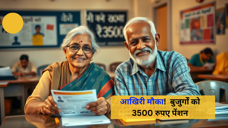बुजुर्ग महिला और पुरुष वृद्धावस्था पेंशन ₹3500 योजना के लिए सरकारी कार्यालय में आवेदन करते हुए – सामने रखे दस्तावेज जैसे आधार कार्ड और बैंक पासबुक के साथ