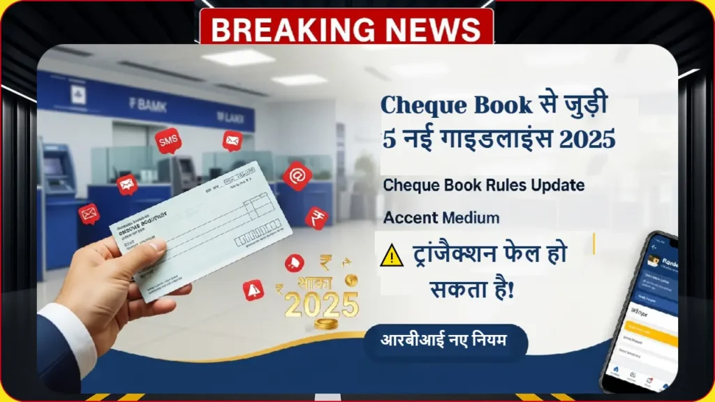 2025 में cheque book के नए नियम और गाइडलाइंस - आरबीआई banking rules update के साथ ट्रांजैक्शन फेल होने से बचने के तरीके दिखाता हुआ feature image